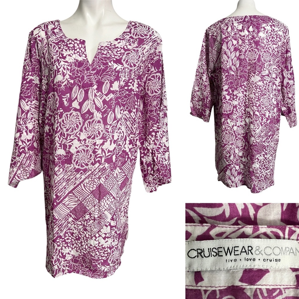 Cruisewear & Co Swim Cover-Up dress XL 3/4 sleeve pink cotton resortwear